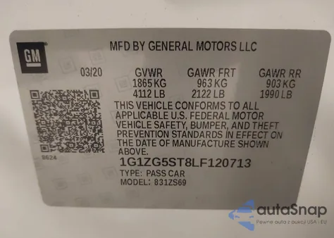 2020 Chevrolet Malibu Fwd Rs из США, поврежденный, VIN 1G1ZG5ST8LF120713